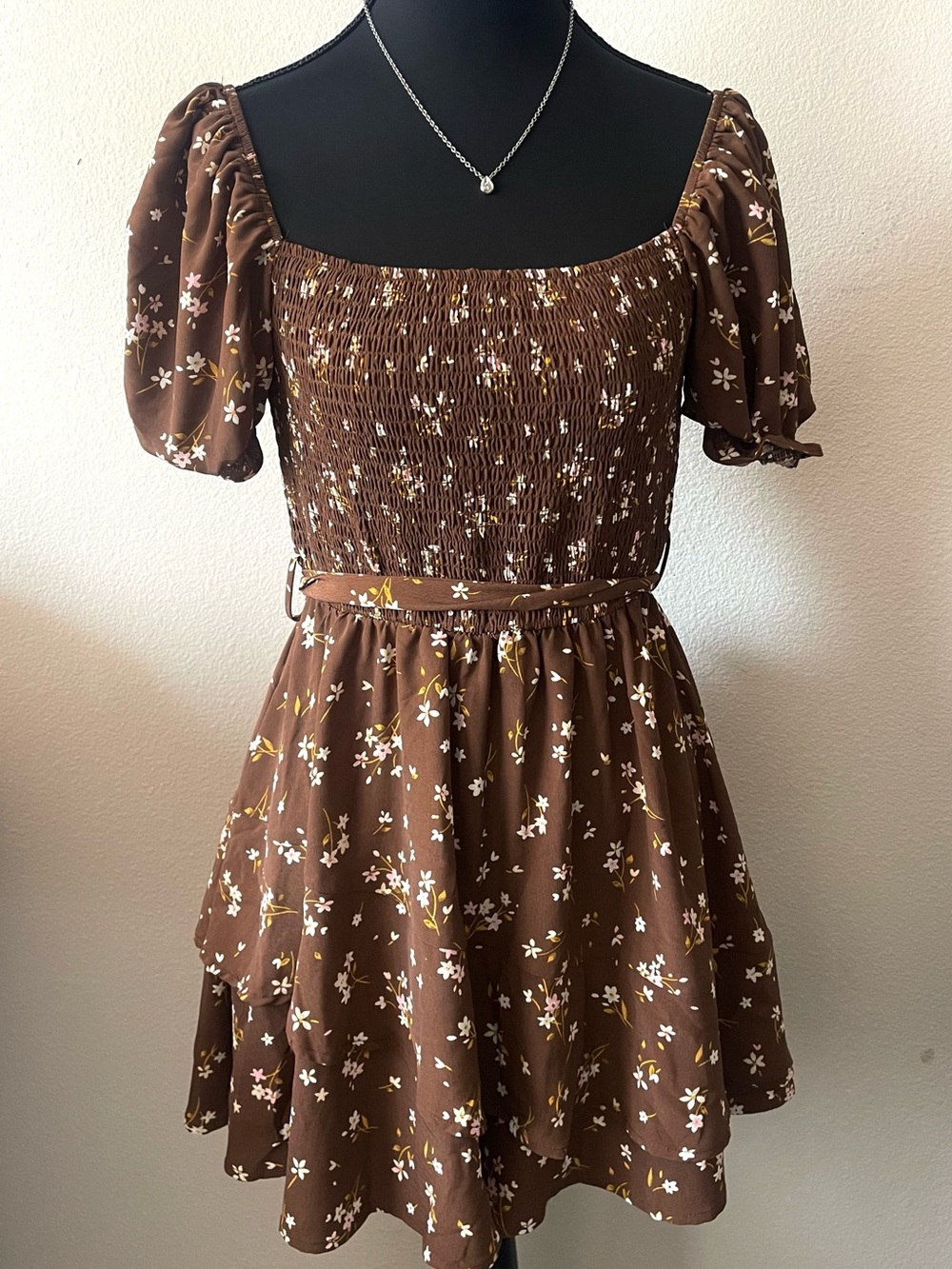 Francesca's Collections Brown Floral Smocked Mini Dress